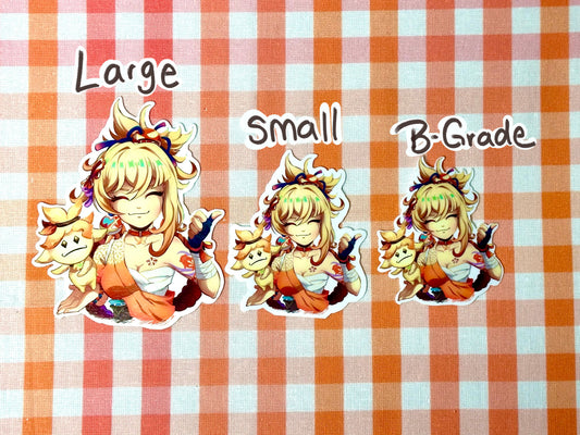 Different sizes of my Yoimiya emote sticker. Large, small, and B-grade.