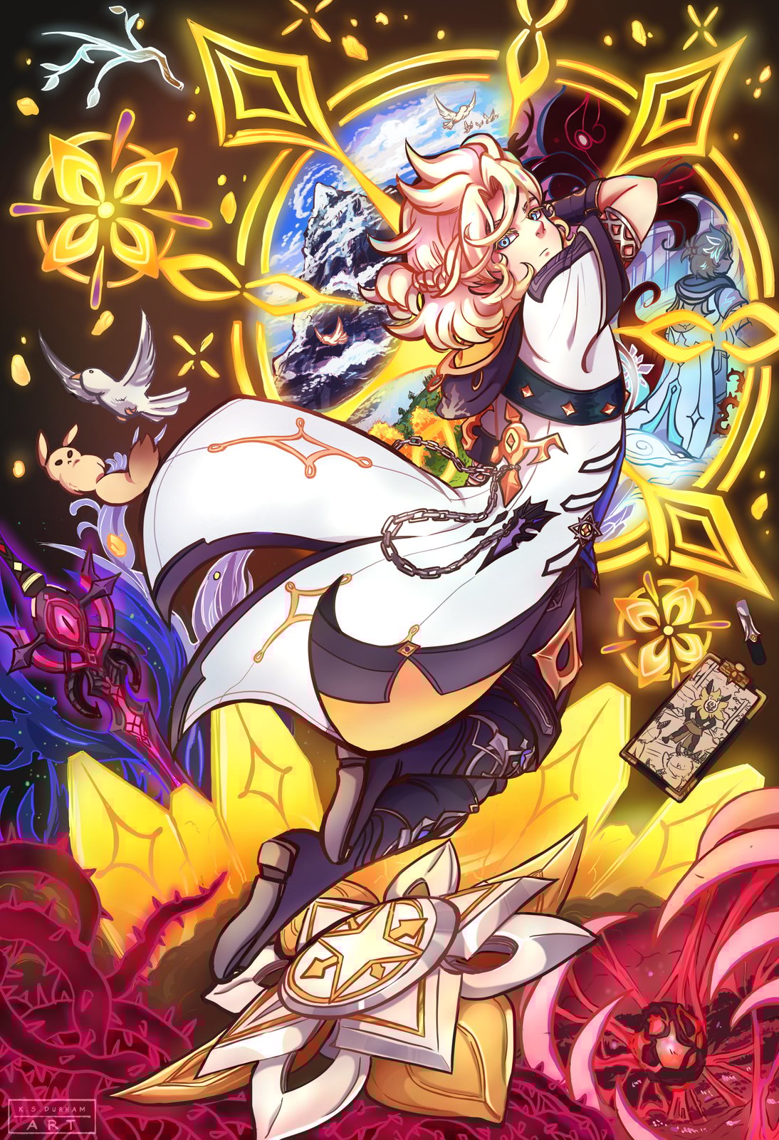 Fan art print featuring the character Albedo from the game Genshin Impact, with a vibrant and colorful background, surrounded by symbols and elements related to things that are close to him.