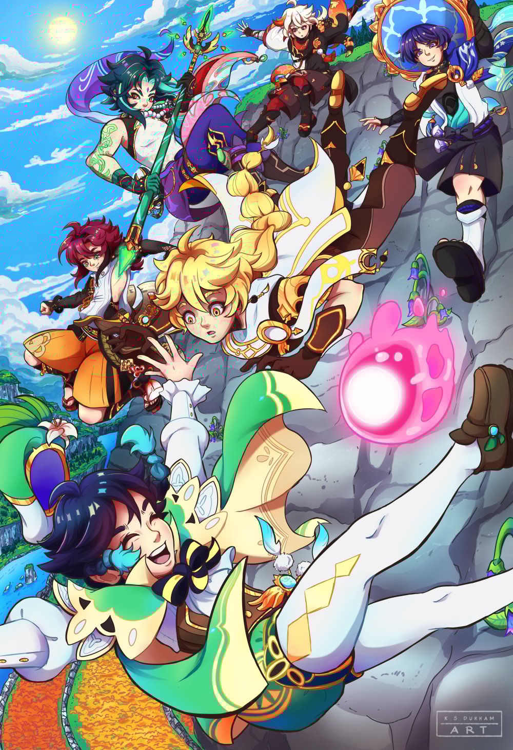 Fan art print featuring the Anemo Boys from the game Genshin Impact, depicted in a vibrant, colorful style with fantasy elements. From the viral 'he jumped' meme.