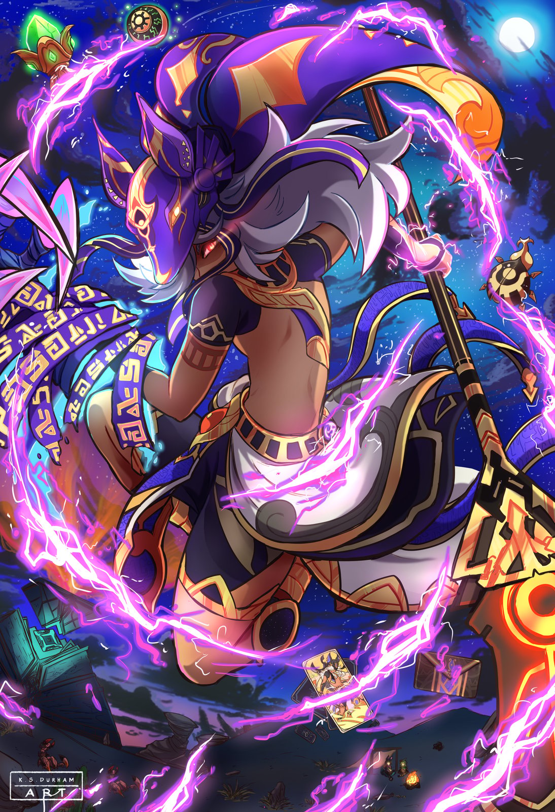 Art print featuring the character Cyno from the game Genshin Impact, depicted with a purple aura and wielding a staff, set in the desert with electro surrounding him.