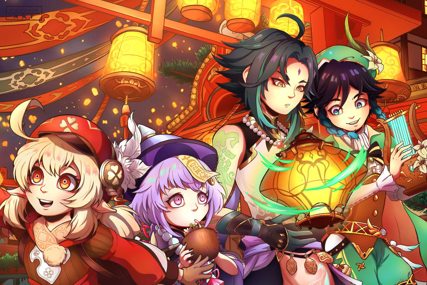 Art print featuring Klee, Qiqi, Xiao, and Venti, characters from the game Genshin Impact, hanging out during the Lantern Rite.