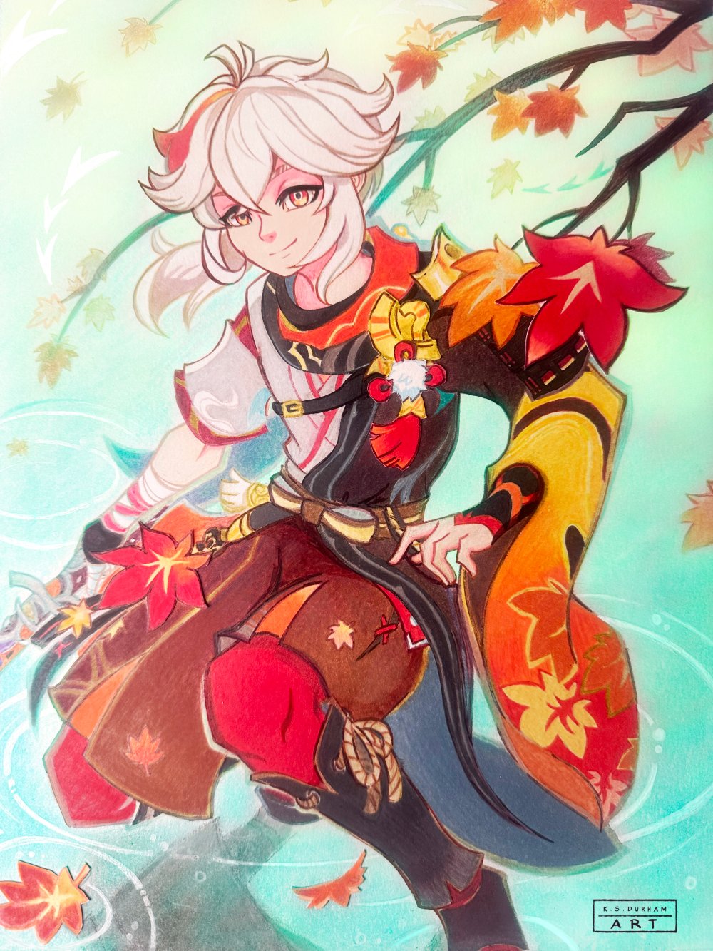 An art print featuring a character from the game Genshin Impact, specifically Kazuha, with a background of autumn leaves.