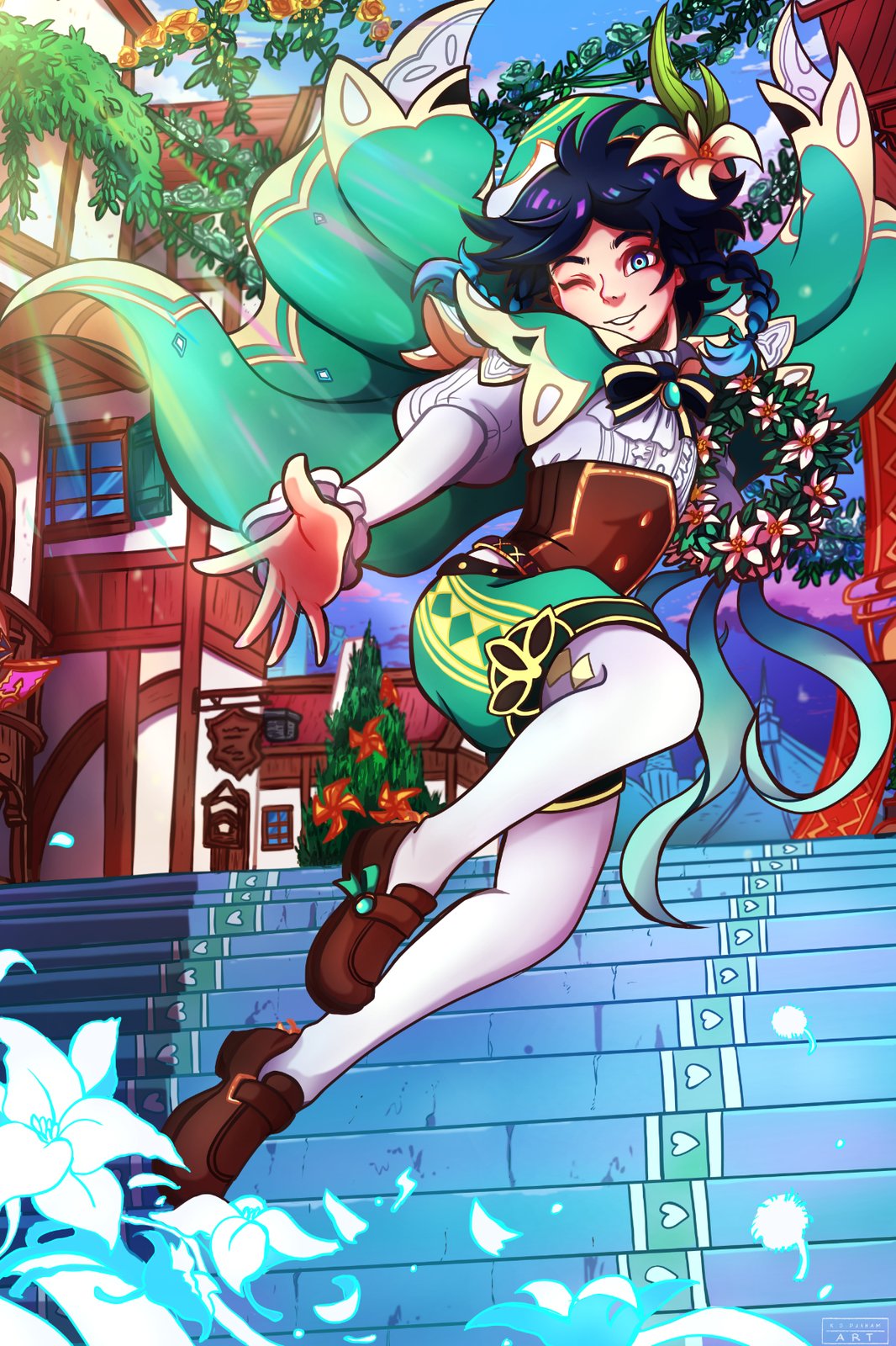 Art print featuring Venti, a character from the game Genshin Impact, during Windblume Festival event.