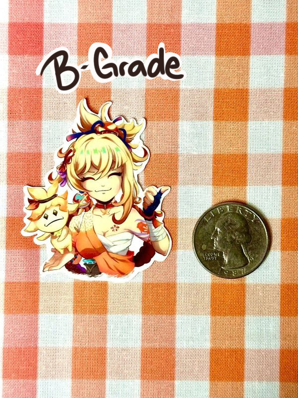 Comparison of B-grade Yoimiya emote sticker to a quarter.