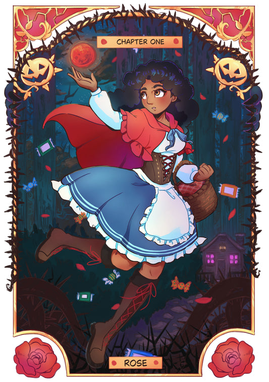 Chapter Illustration of a character named 'Rose' in a Halloween-themed setting with pumpkins and her grandma's house.