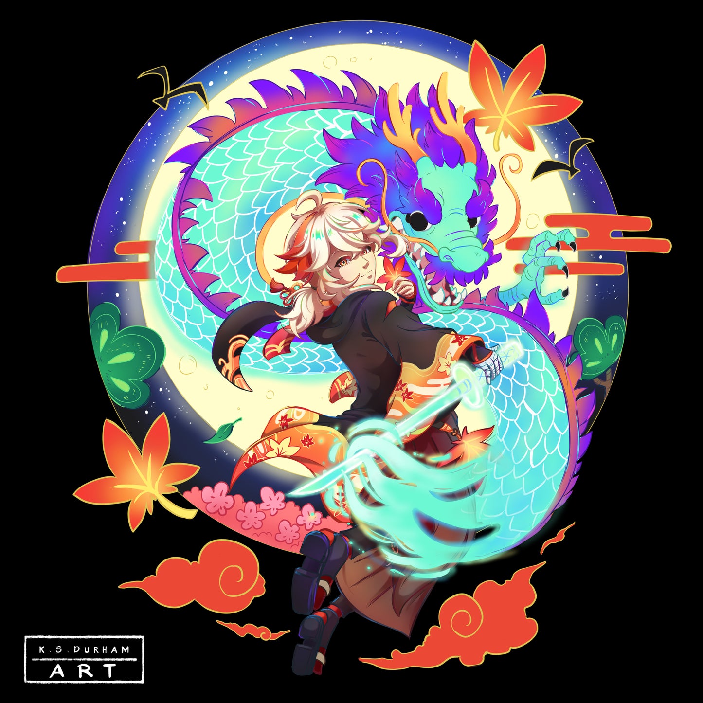 An art print of Kazuha, a character from the game Genshin Impact for the Chinese new year. Kazuha is with a sword, floating in the air with a dragon beside him. A moon and some leaves are in the background.