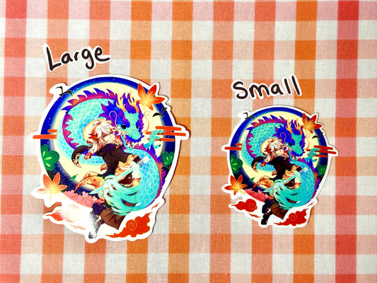 Different sizes (large and small) of my Kazuha sticker for the Chinese new year. Kazuha is with a sword, floating in the air with a dragon beside him. A moon and some leaves are in the background.