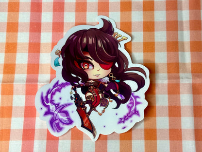 Close up of chibi sticker of Genshin Impact's Beidou.