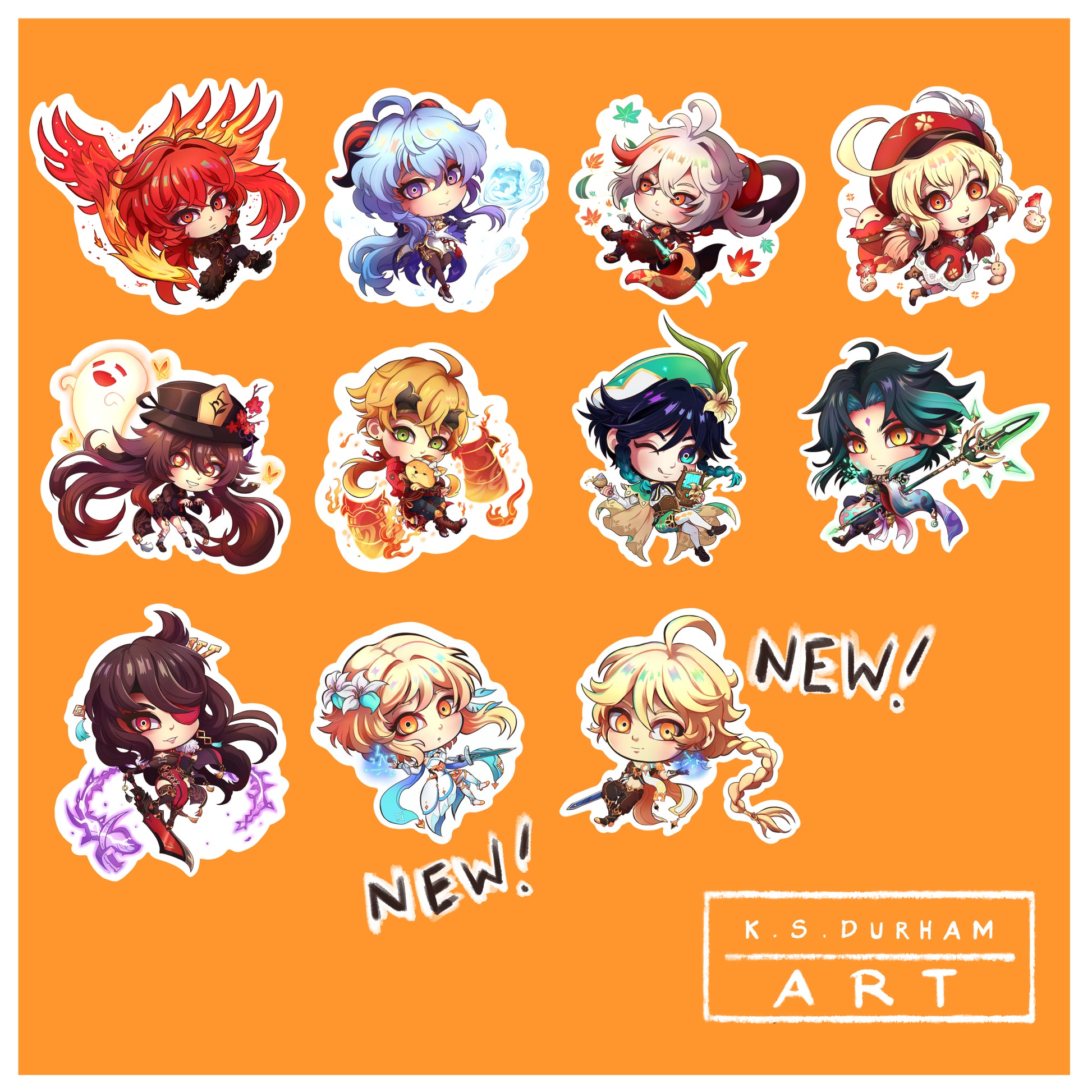 A collection of chibi stickers available of characters from the game Genshin Impact. 
Diluc, Ganyu, Kazuha, Klee, Hu Tao, Thoma, Venti, Xiao, Beidou, Lumine, and Aether.
