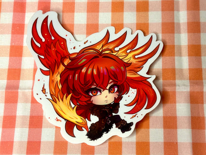 Close up of chibi sticker of Genshin Impact's Diluc. 