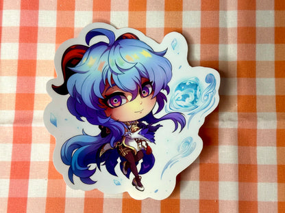 Close up of chibi sticker of Genshin Impact's Ganyu. 