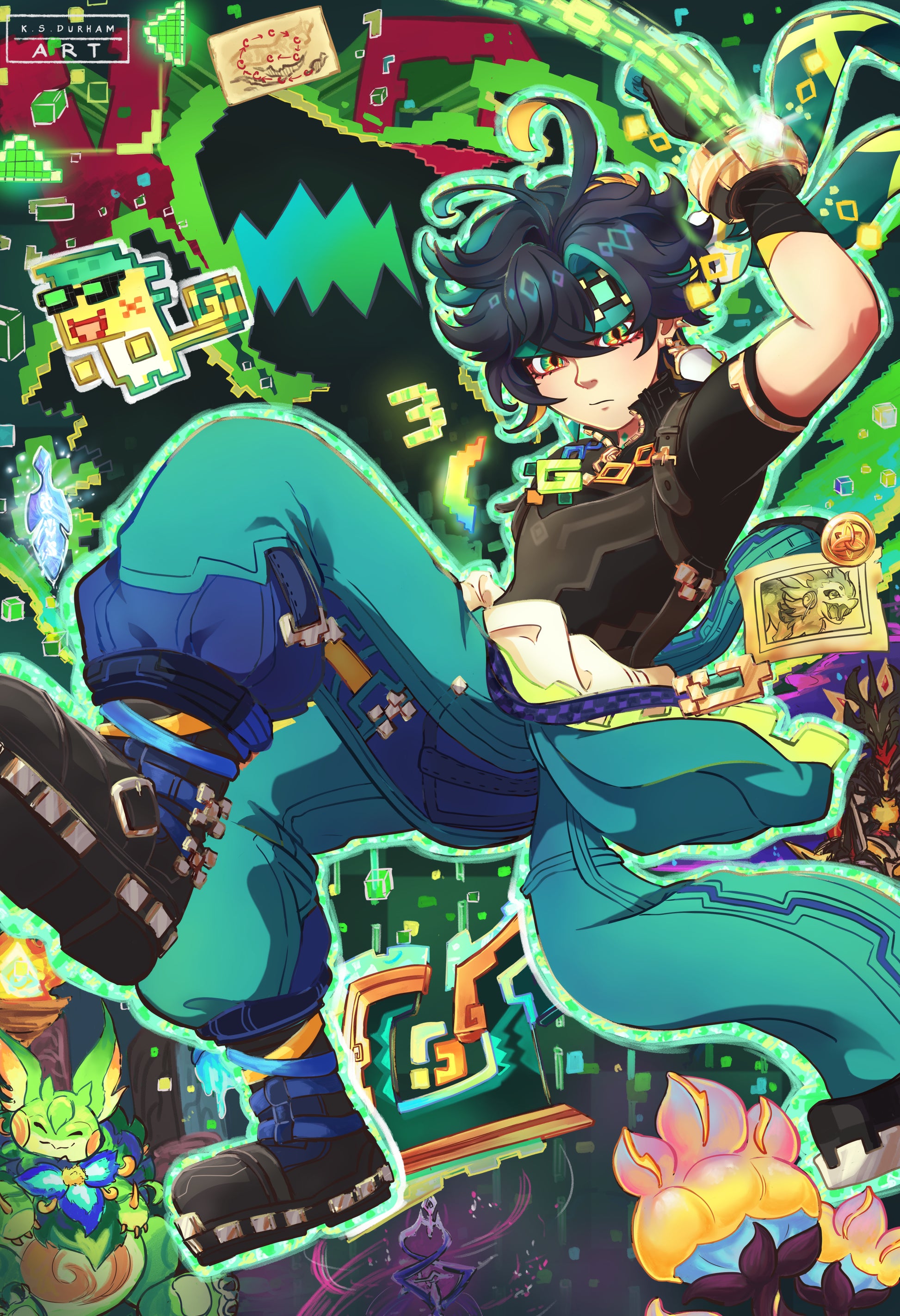 An art print featuring Kinich, a character from the game Genshin Impact, with a vibrant background filled with digital elements and other things related to the character.