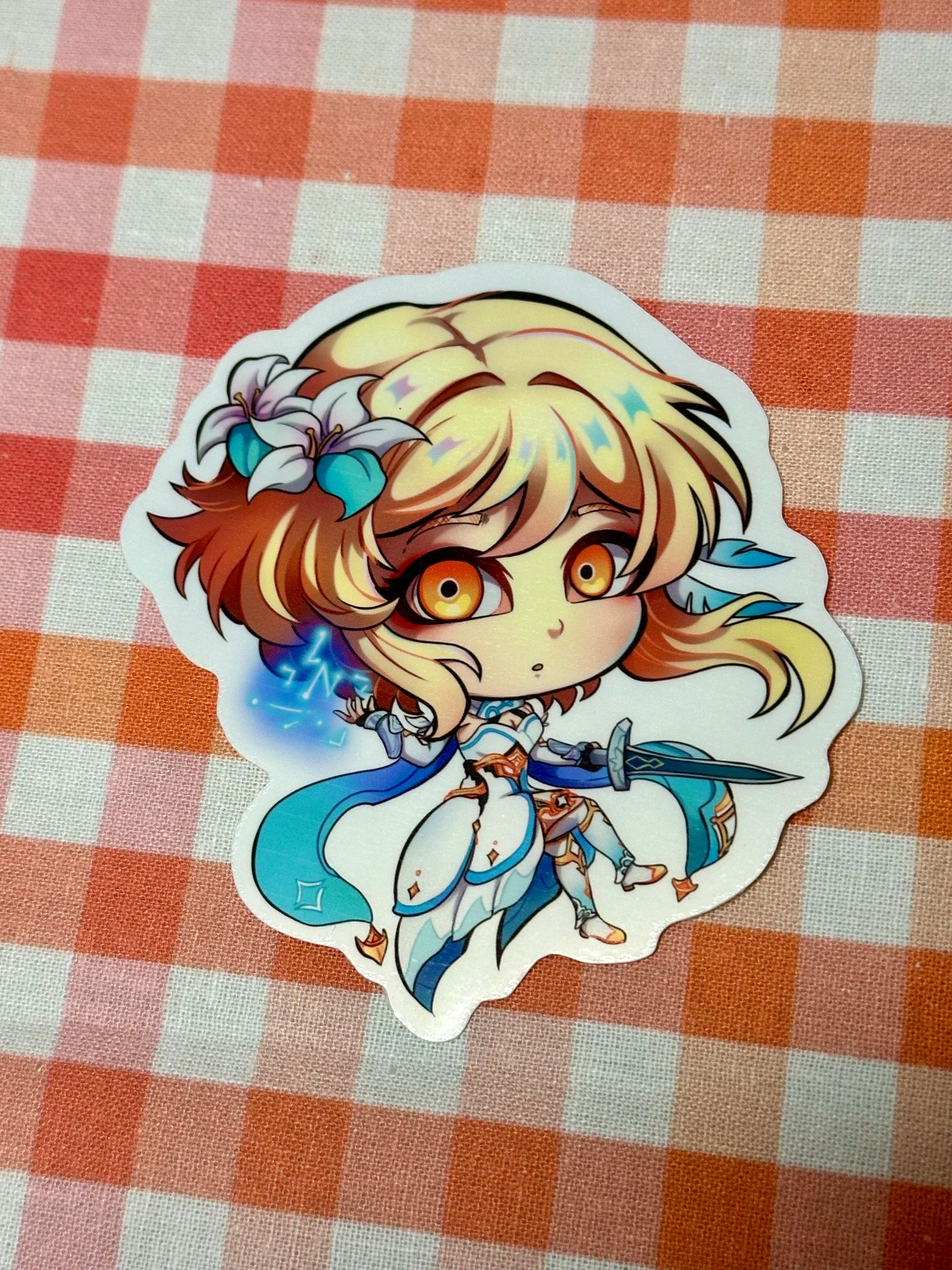 Close up of chibi sticker of Genshin Impact's Lumine. 