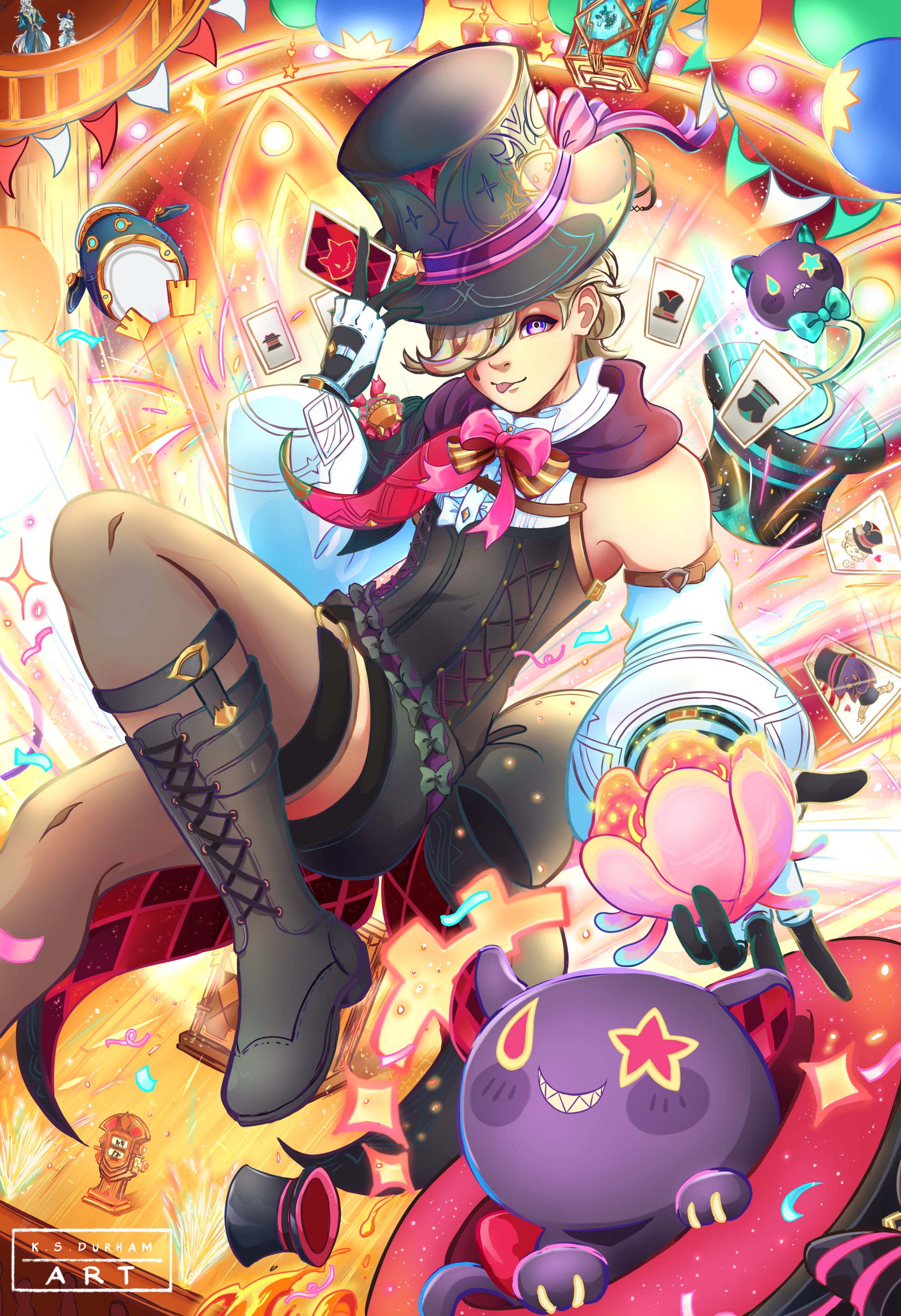 Art print featuring Lyney, a character from the game Genshin Impact, with a vibrant and colorful background similar to a magician performance.