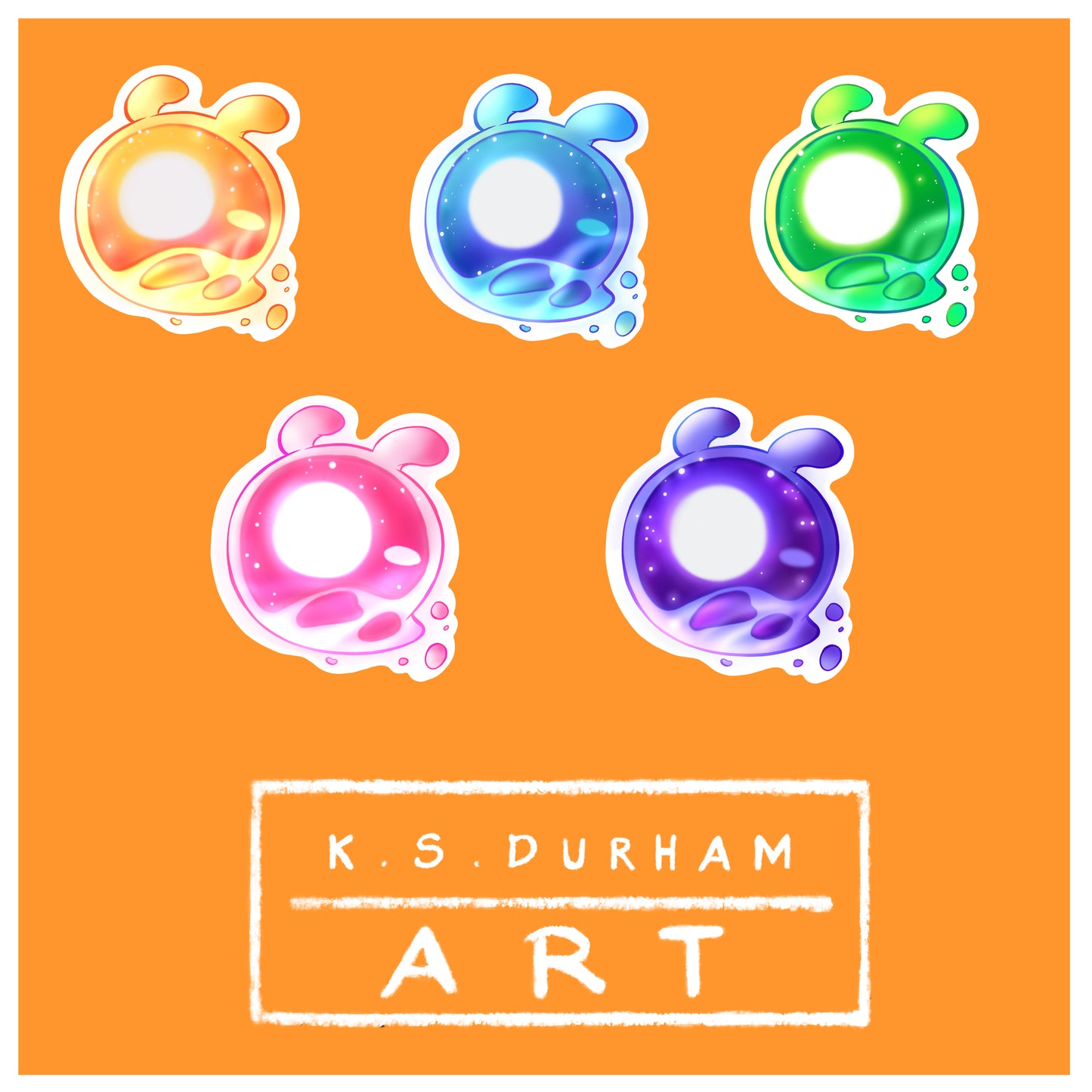 A set of colorful laminated glossy die-cut stickers with white borders, featuring the Seelies from Genshin Impact.