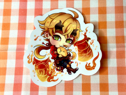 Close up of chibi sticker of Genshin Impact's Thoma. 
