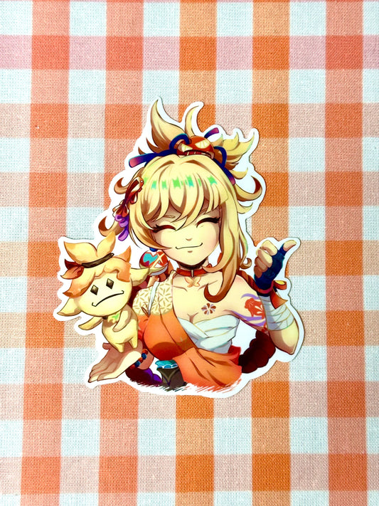 A die-cut sticker of Yoimiya, a character from the game Genshin Impact, seated with a small statue, with a white border and glossy finish on an orange checkered background.
