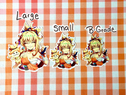 Different sizes of my Yoimiya emote sticker. Large, small, and B-grade. 