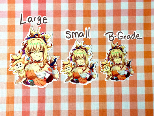 Different sizes of my Yoimiya emote sticker. Large, small, and B-grade. 