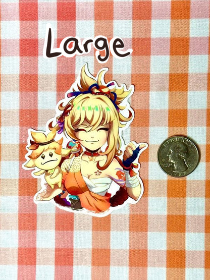 Comparison of large Yoimiya emote sticker to a quarter.