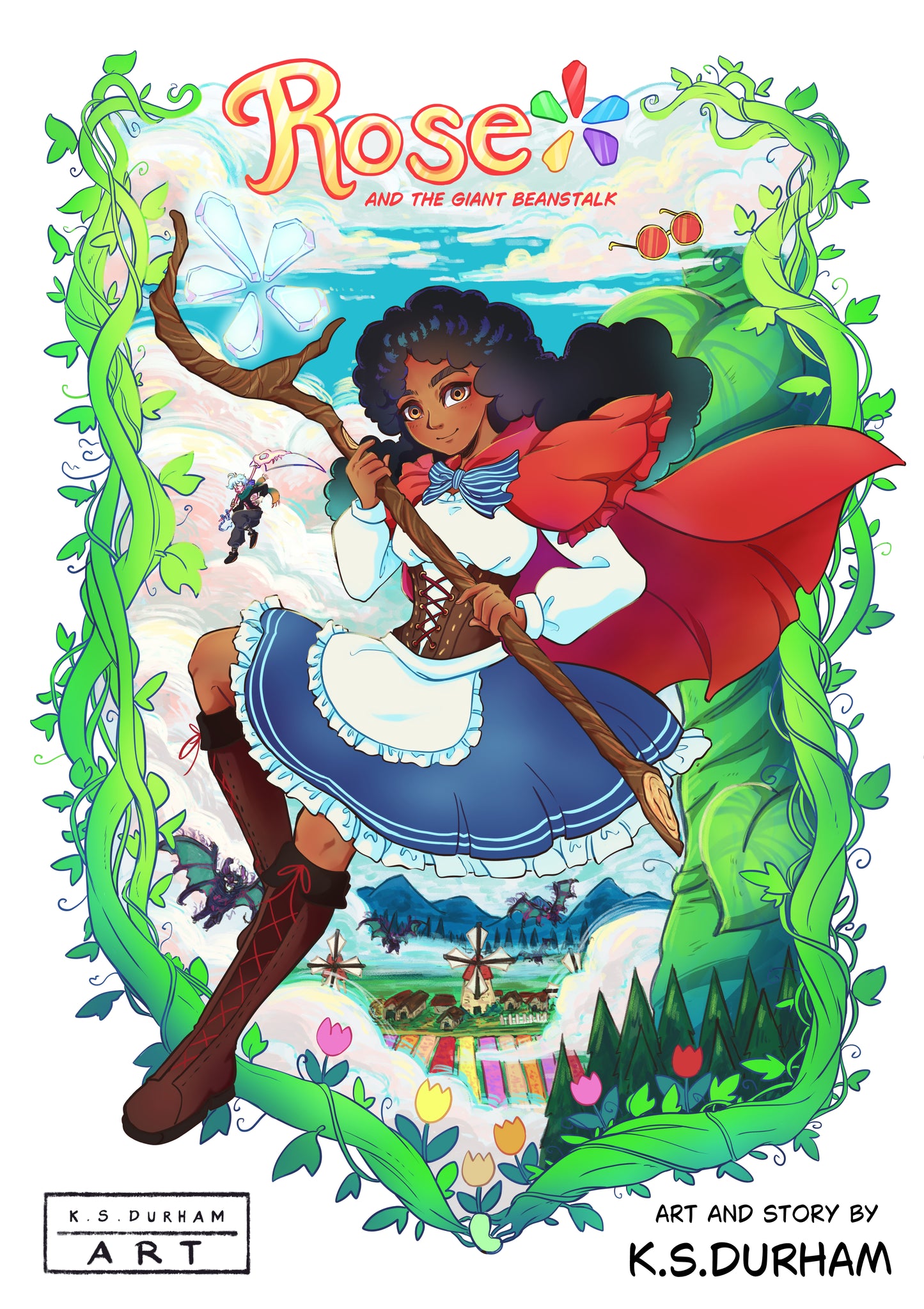 Cover of 'Rose and the Giant Beanstalk' featuring an illustrated main character Rose with a staff and beanstalk setting.