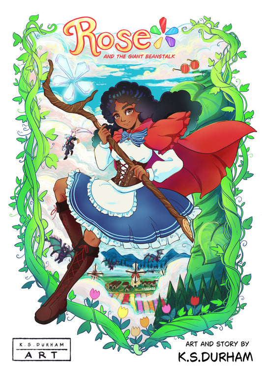 Cover of 'Rose and the Giant Beanstalk' featuring an illustrated main character Rose with a staff and beanstalk setting.