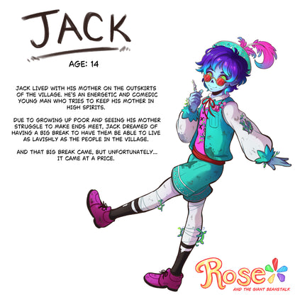 Character illustration of Jack with a white background and text explaining his character in the story. 
Jack
Age: 14
Jack lived with his mother on the outskirts of the village. He's energetic and comedic young man who tries to keep his mother in high spirts. 
Due to growing up poor and seeing his mother struggle to make ends meet, Jack dreamed of having a big break to have them be able to live as lavishly as the people in the village. 
And that big break came, but unfortunately...it came at a price.