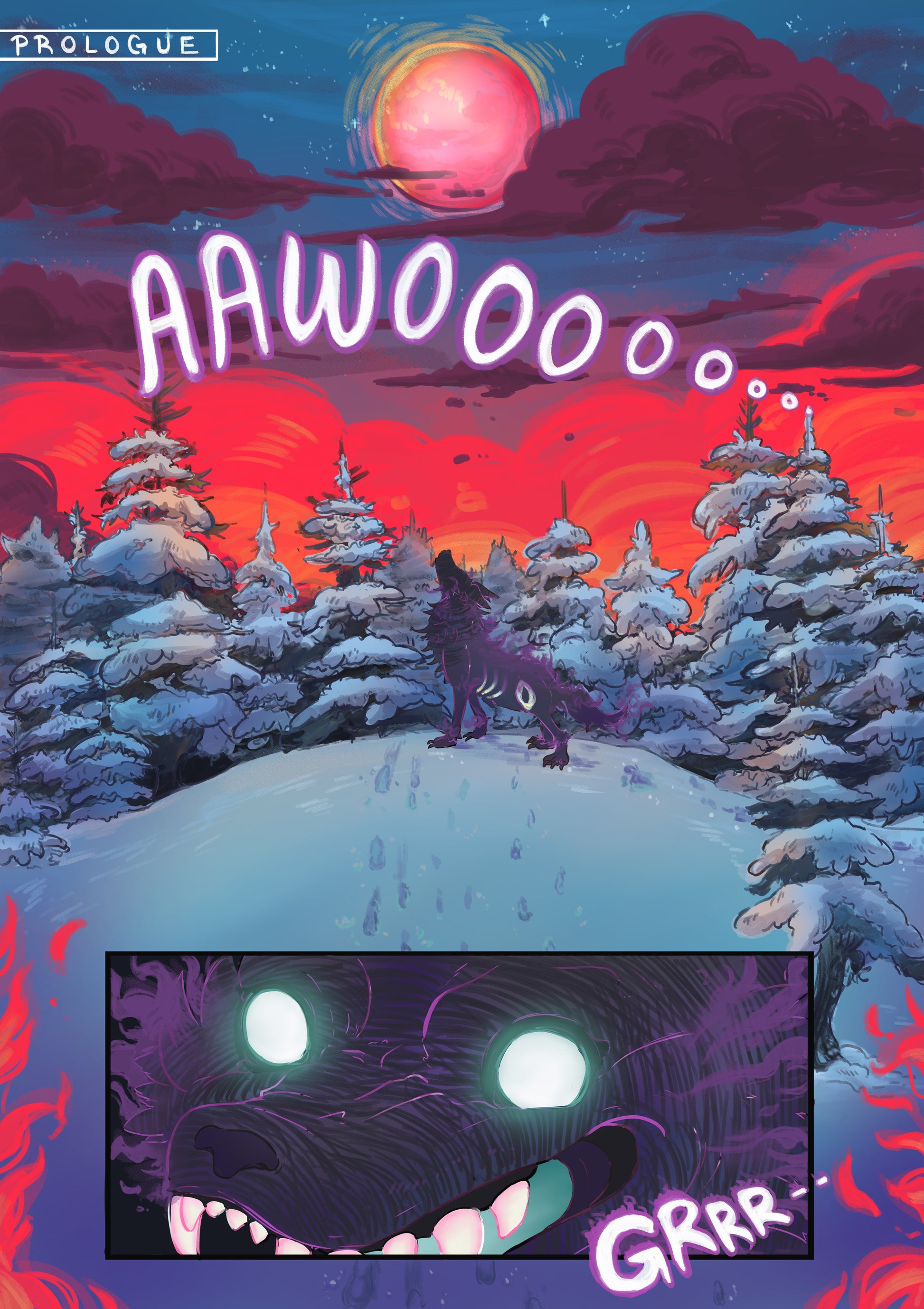 A shadow wolf howling at a red moon in a snowy landscape. Then another panel of it looking at the viewer, growling.