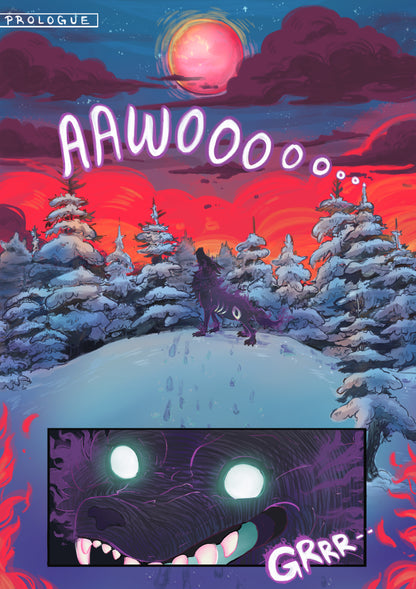 A shadow wolf howling at a red moon in a snowy landscape. Then another panel of it looking at the viewer, growling.