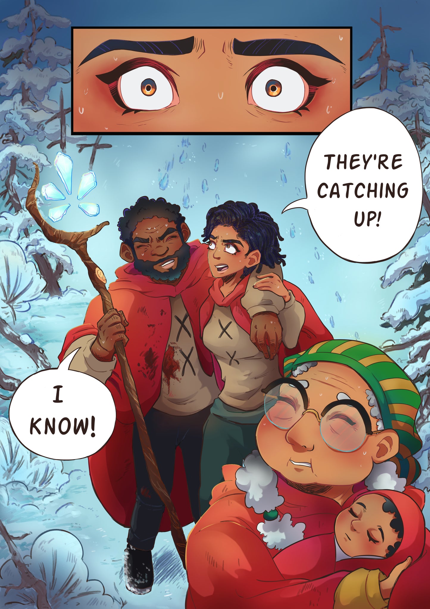 Characters in a snowy scene with one character shouting 'They're catching up!' and another responding 'I know!'.