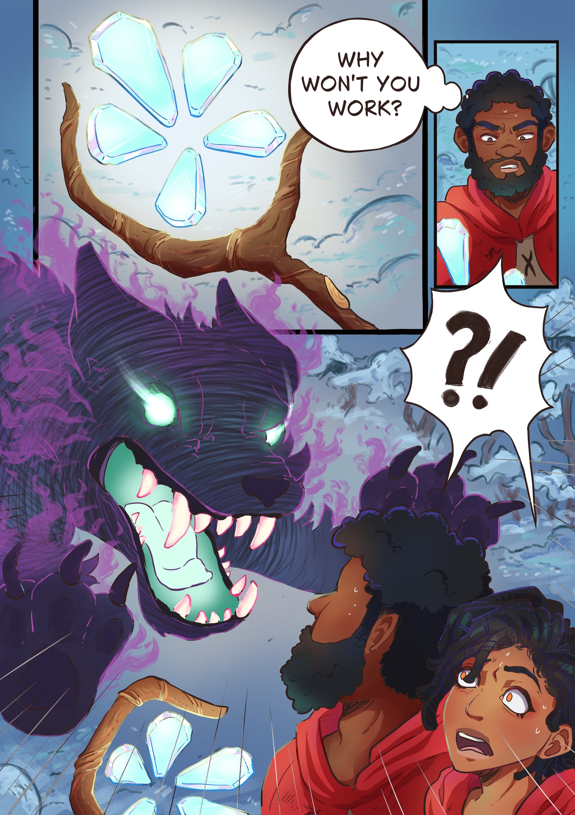 Comic panel with a character interacting with a staff asking why it won't work and another panel of a shadow wolf attacking the characters.