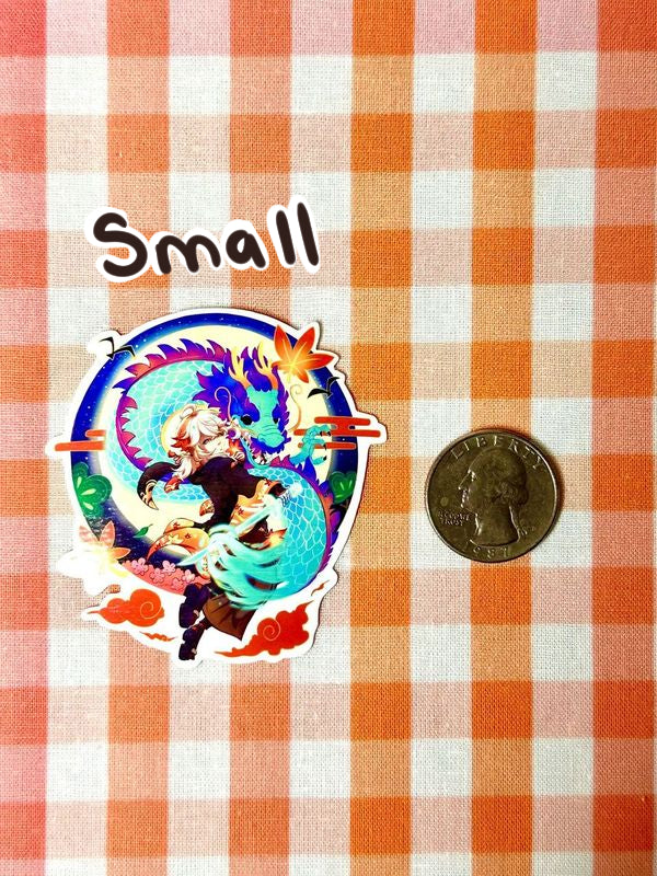 An example of my small Kazuha sticker for the Chinese new year compared to a quarter. Kazuha is with a sword, floating in the air with a dragon beside him. A moon and some leaves are in the background.