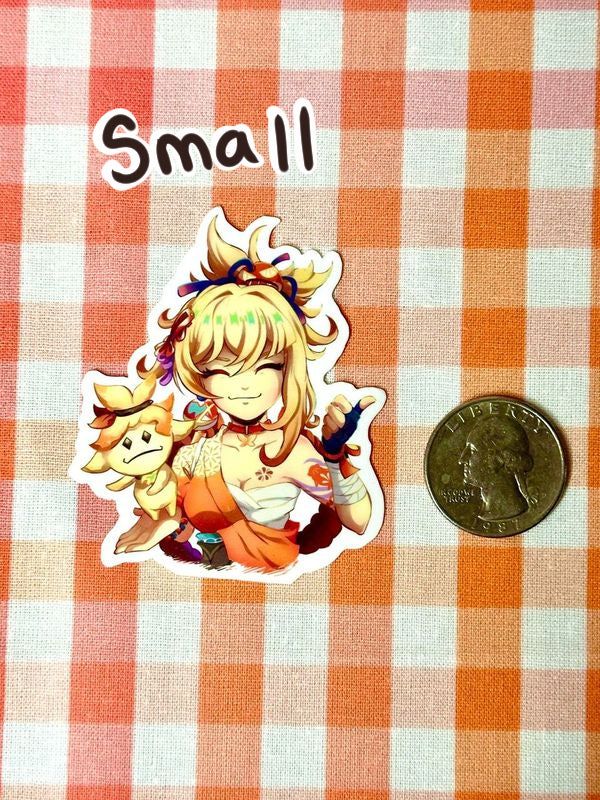 Comparison of my small Yoimiya emote sticker to a quarter.