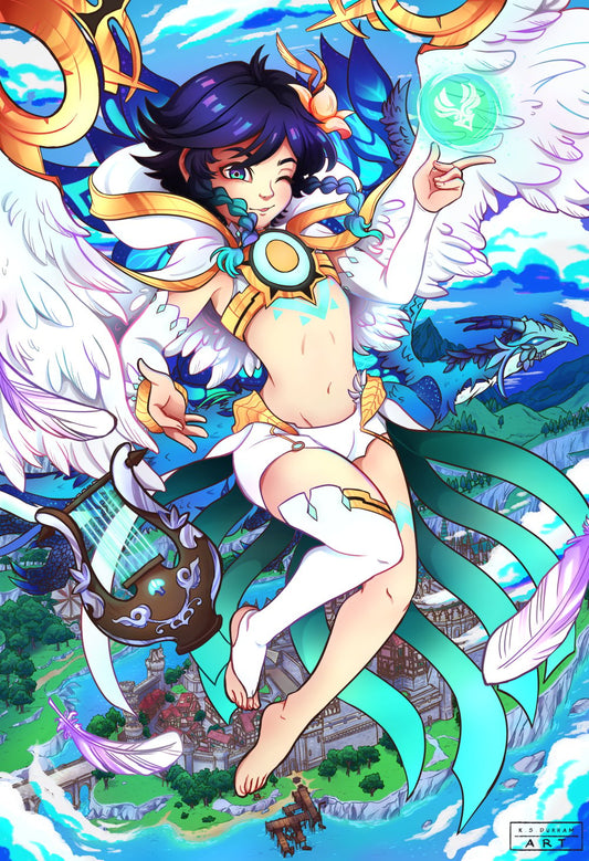 Fan art print featuring a character from the game Genshin Impact, specifically the character Barbatos, with Mondstadt in the background.