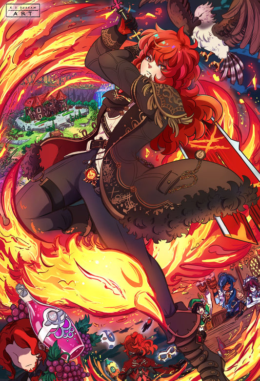 An art print featuring the character Diluc from the game Genshin Impact, surrounded by a vibrant and colorful backdrop with other characters and elements.