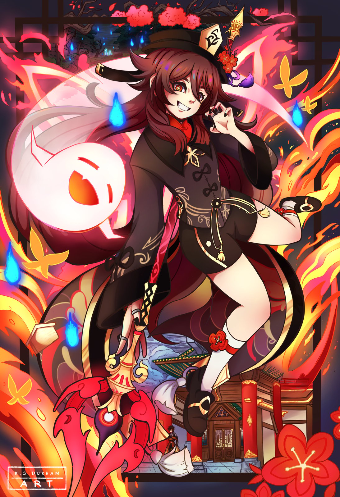 Fan art print featuring Hu Tao, a character from the game Genshin Impact, in a colorful and dynamic setting with flames and decorative elements.