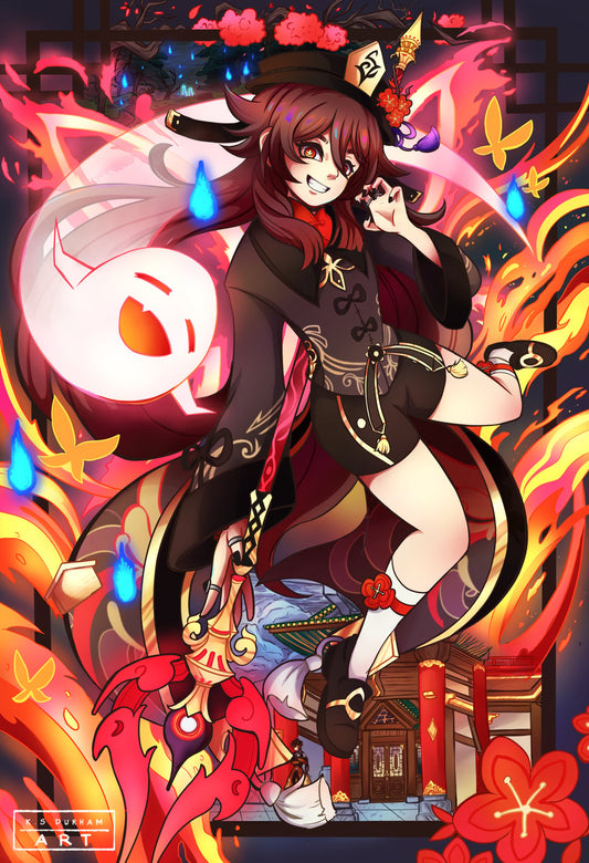 Fan art print featuring Hu Tao, a character from the game Genshin Impact, in a colorful and dynamic setting with flames and decorative elements.