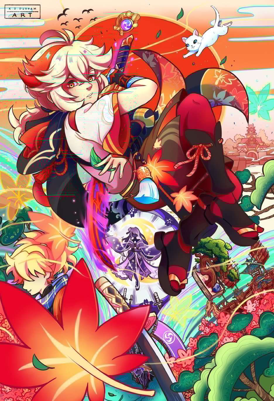 Fan art print featuring the character Kazuha from the game Genshin Impact, depicted in a colorful, artistic style with a dynamic background.