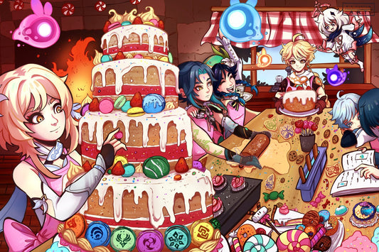 Art print featuring characters from the game Genshin Impact, with a large cake and sweets motif, set in a colorful kitchen environment.