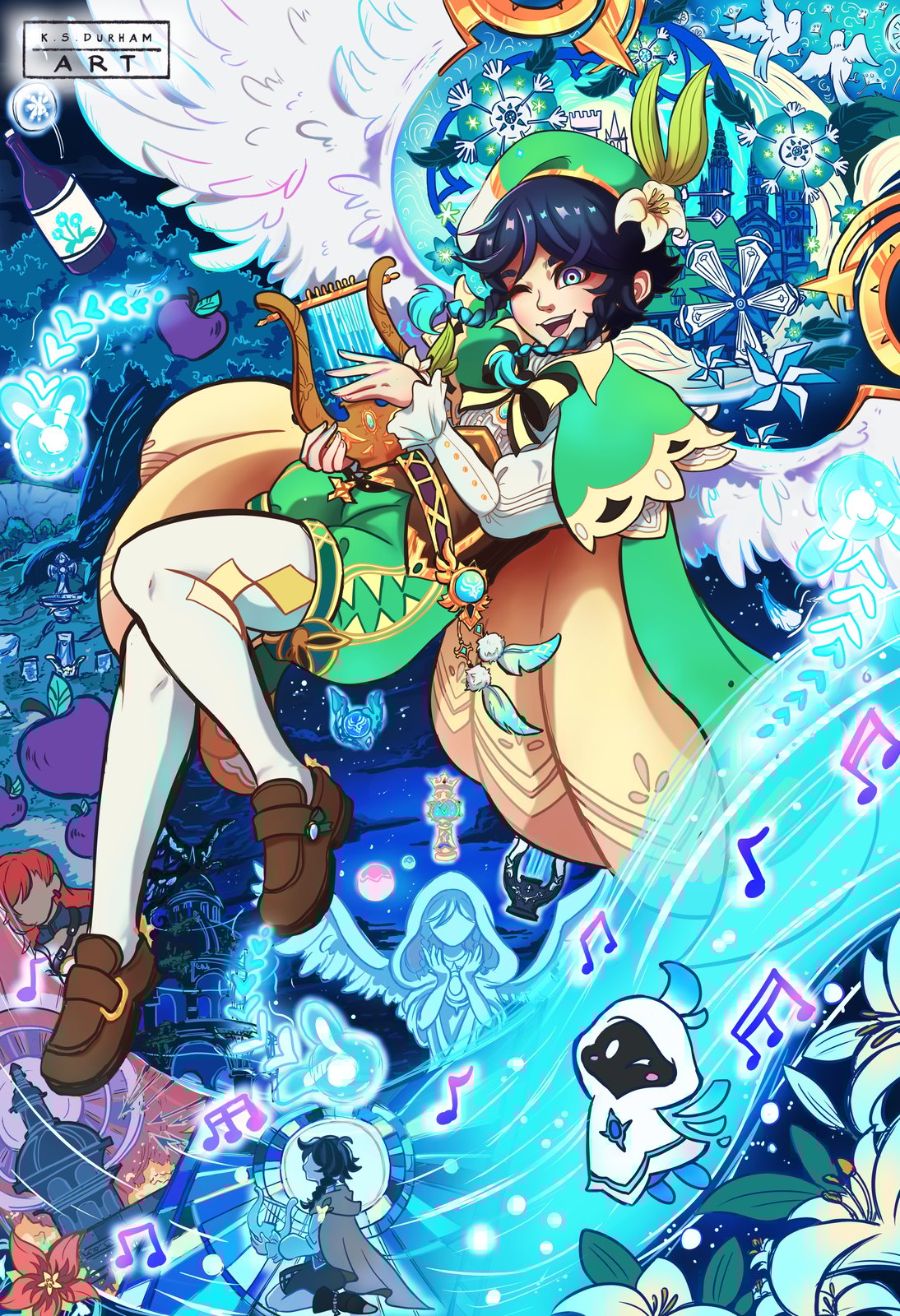 art print of venti from genshin impact with things relating to him all around in the background.