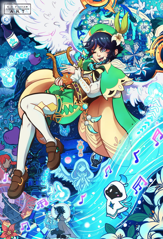 art print of venti from genshin impact with things relating to him all around in the background.