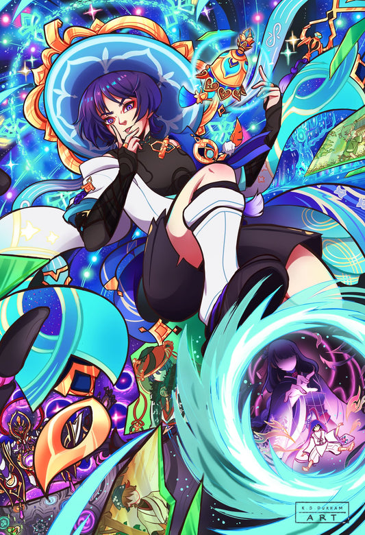 Art print of Wanderer/Scaramouche from Genshin Impact, with elements and symbols that relate to him all around.