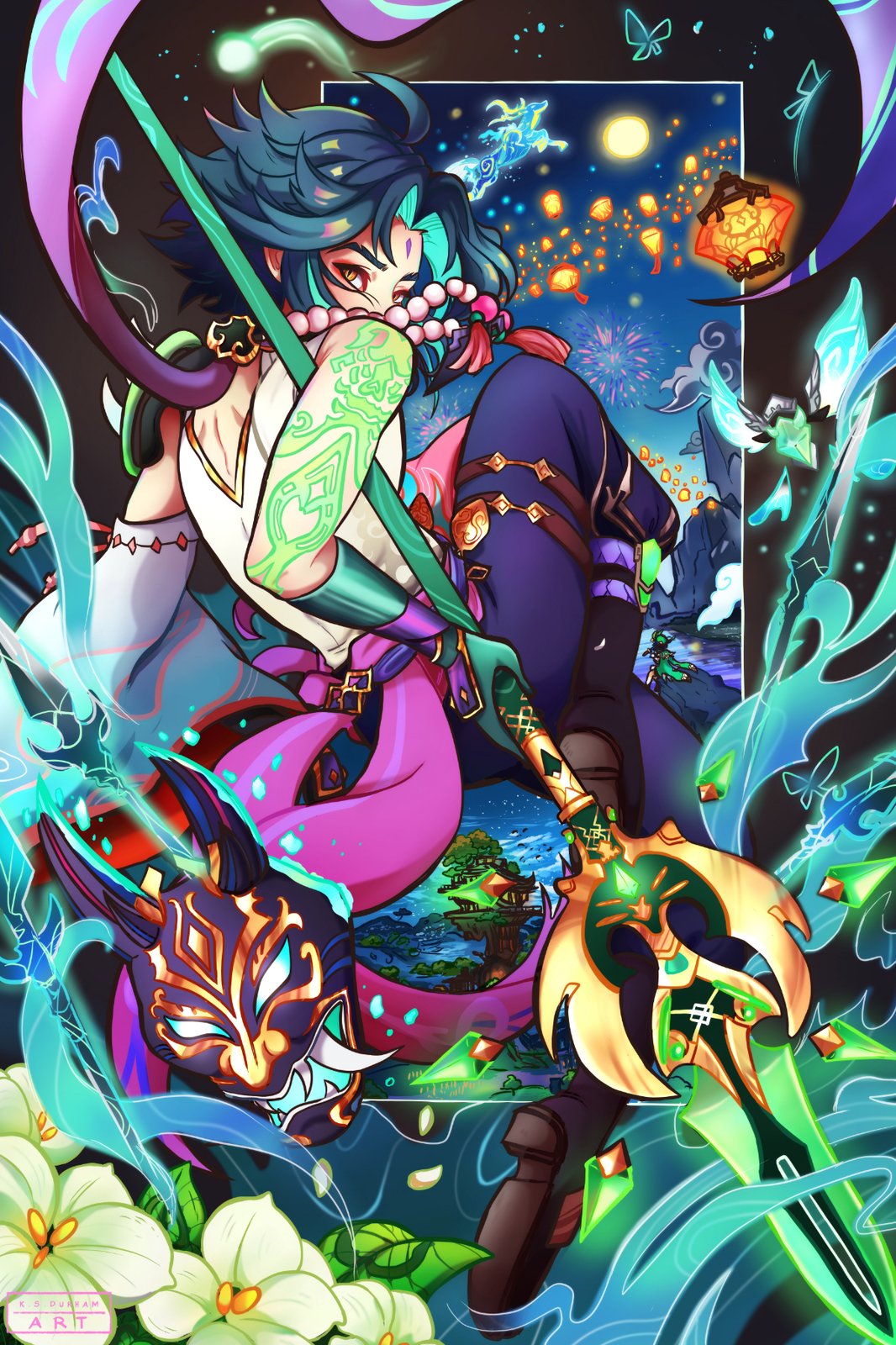 Art print of Genshin Impact's Xiao. Vibrant colors with him in a pose midway in his ultimate with his back turned towards the viewer. Elements of Anemo and things relating to Xiao surrounding him. 